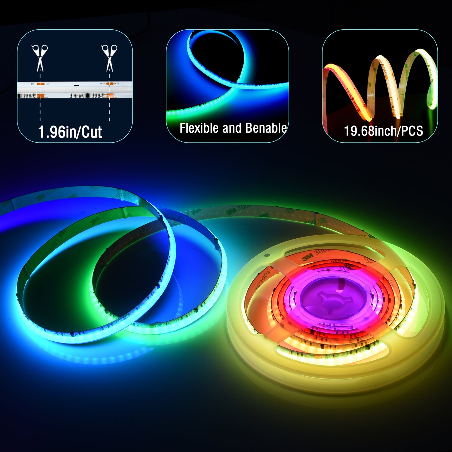 Dream Color RGB IC COB LED Strip, 24V Dotless Addressable Seamless Lighting for Room Decor