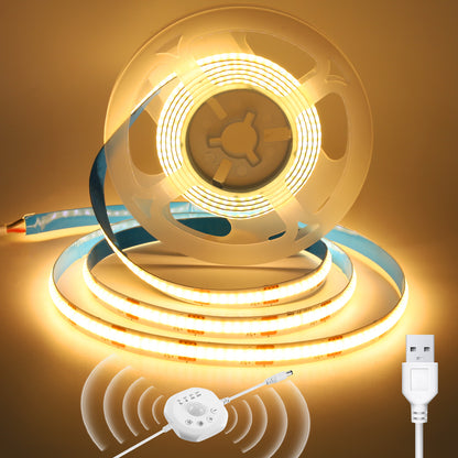 Motion Sensor Dotless COB LED Strip, 5V 320 LEDs/m High Brightness Seamless Lighting for Closet & Cabinet