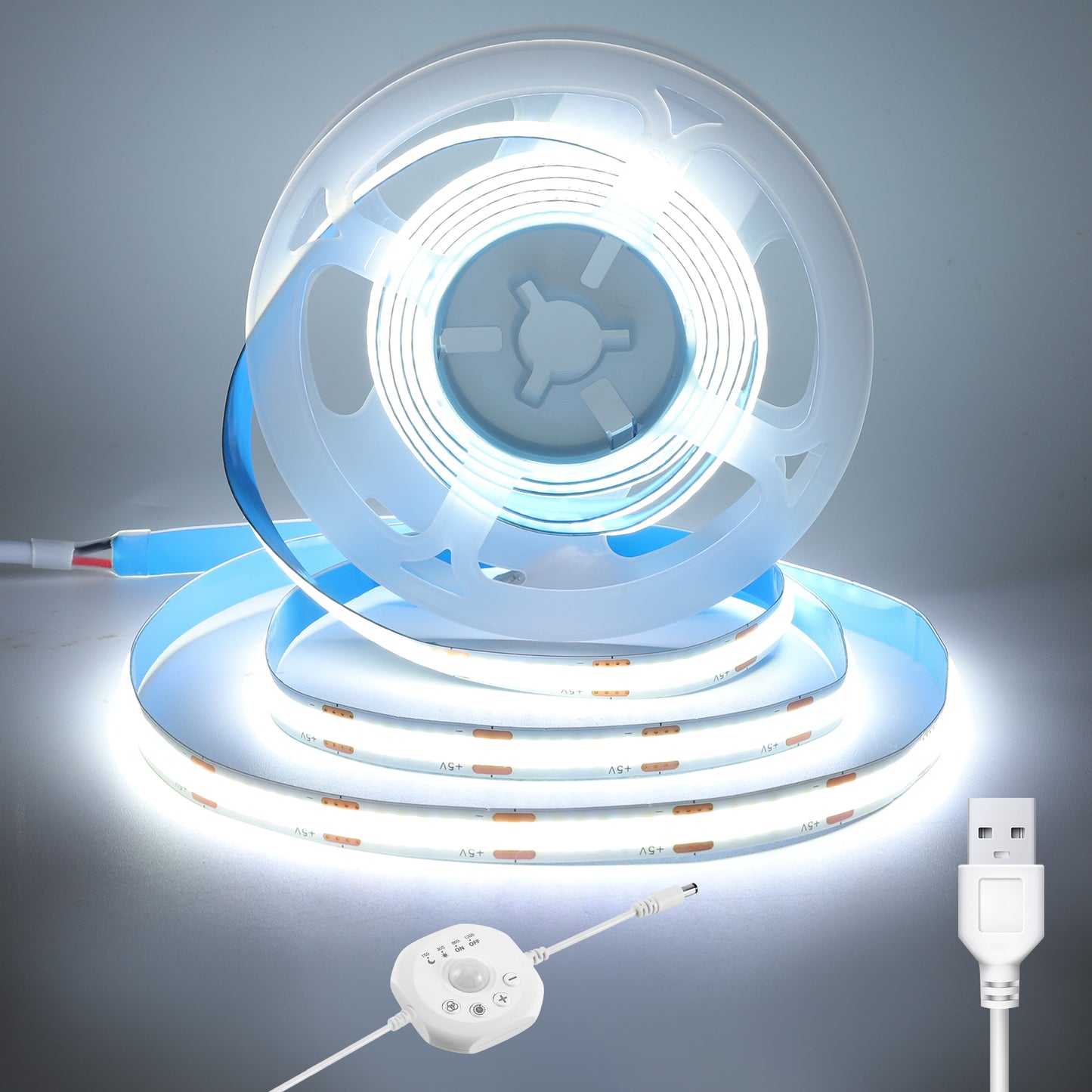 Motion Sensor Dotless COB LED Strip, 5V 320 LEDs/m High Brightness Seamless Lighting for Closet & Cabinet
