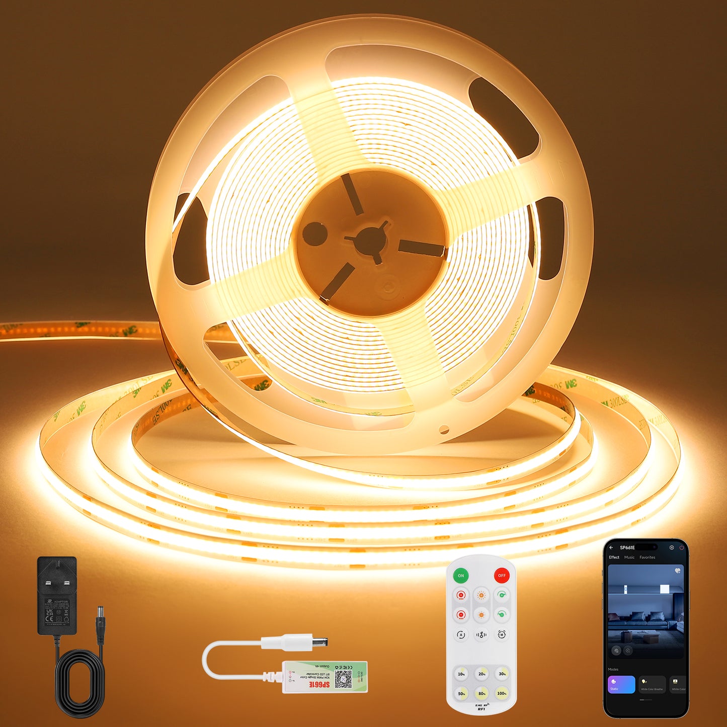 Bande LED BERIXDEEP contrôlable par application avec alimentation et télécommande, 320 LED, 8mm de large, DC24V, haute luminosité, bande LED autocollante pour éclairage d'armoire, de penderie et de pièce