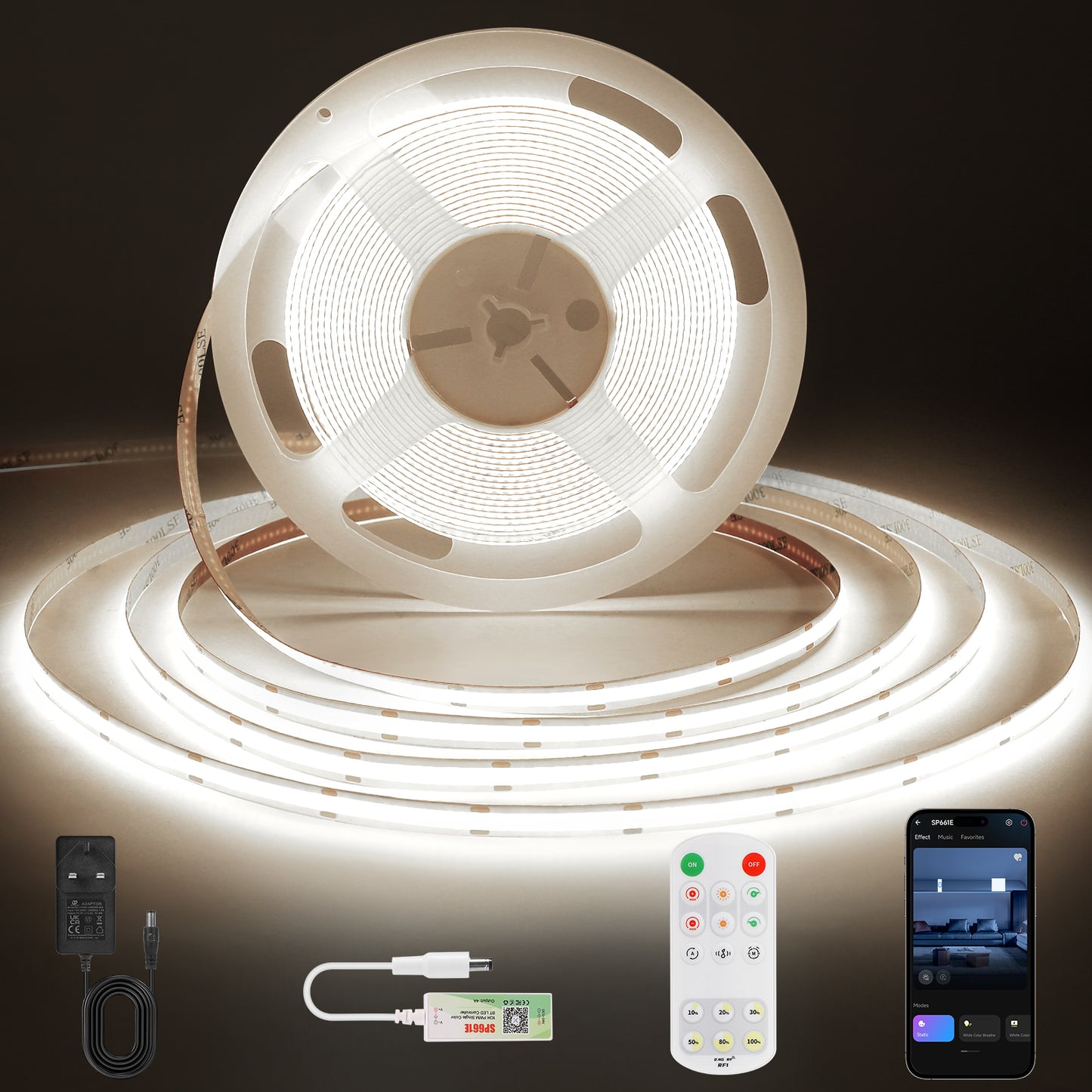 Bande LED BERIXDEEP contrôlable par application avec alimentation et télécommande, 320 LED, 8mm de large, DC24V, haute luminosité, bande LED autocollante pour éclairage d'armoire, de penderie et de pièce