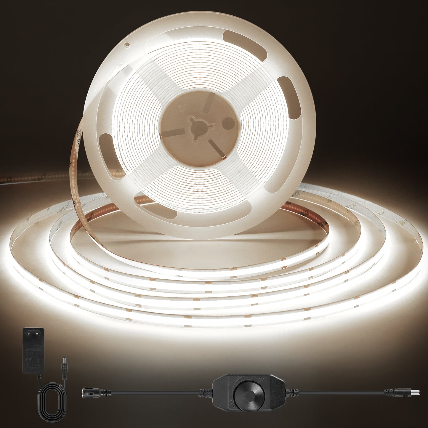 Knob Dimming Dotless COB LED Strip, 24V 320 LEDs/m High Brightness Seamless Lighting for Under Cabinet