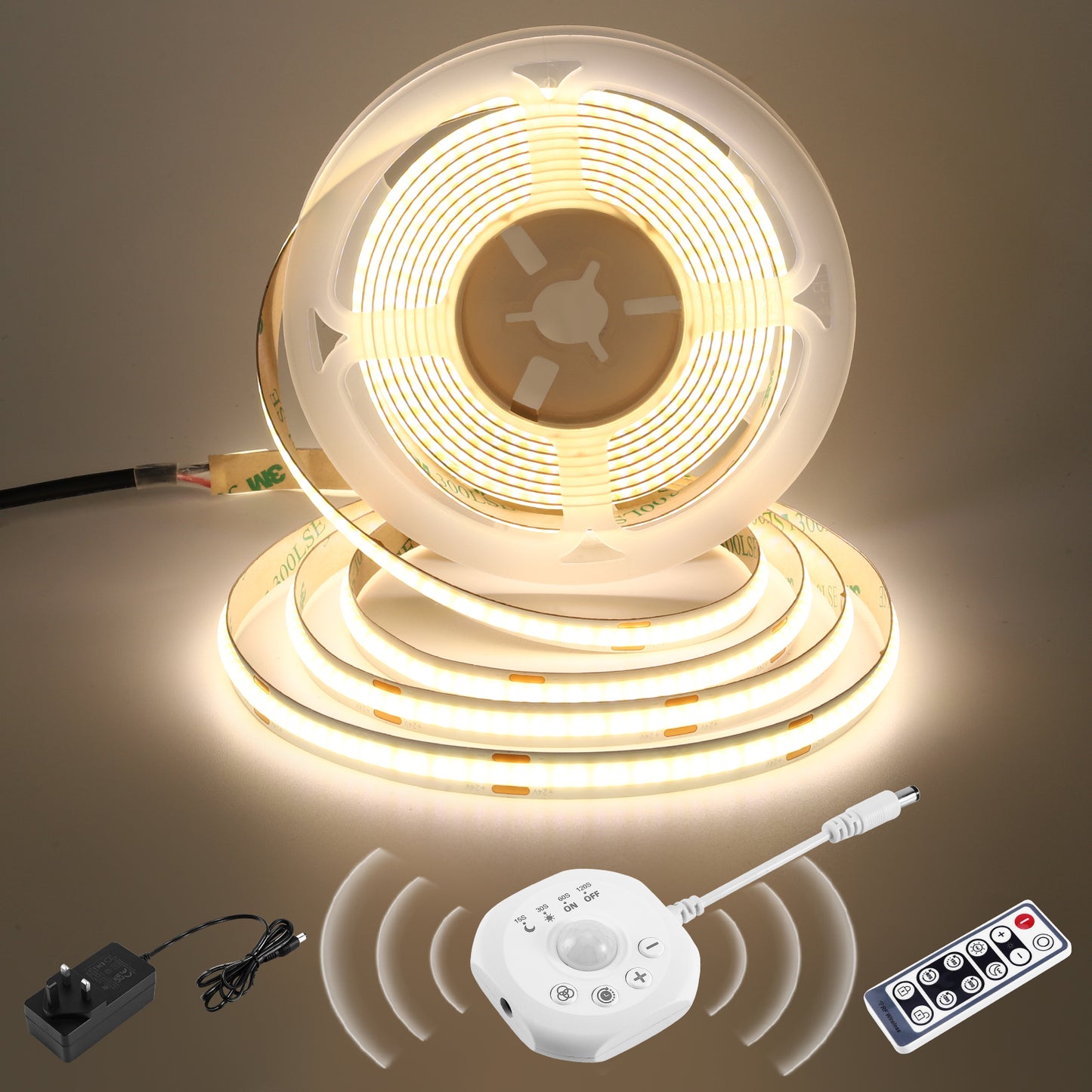 BERIXDEEP 5m Bewegungssensor LED-Streifen mit Netzteil und Fernbedienung, 320 LEDs, 8mm breit, DC24V, hohe Helligkeit, selbstklebender LED-Streifen für Schrank-, Garderoben- & Raumbeleuchtung