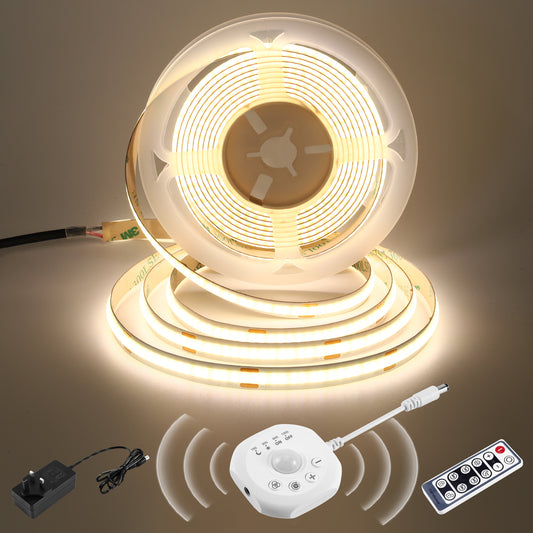 BERIXDEEP Bande LED à détecteur de mouvement 5 m avec alimentation et télécommande, 320 LED, 8 mm de large, DC24V, haute luminosité, bande LED autocollante pour l'éclairage d'armoires, de penderies et de pièces