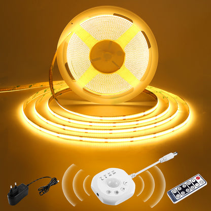 BERIXDEEP 5m Bewegungssensor LED-Streifen mit Netzteil und Fernbedienung, 320 LEDs, 8mm breit, DC24V, hohe Helligkeit, selbstklebender LED-Streifen für Schrank-, Garderoben- & Raumbeleuchtung