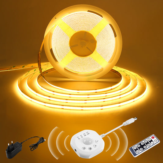 BERIXDEEP Bande LED à détecteur de mouvement 5 m avec alimentation et télécommande, 320 LED, 8 mm de large, DC24V, haute luminosité, bande LED autocollante pour l'éclairage d'armoires, de penderies et de pièces