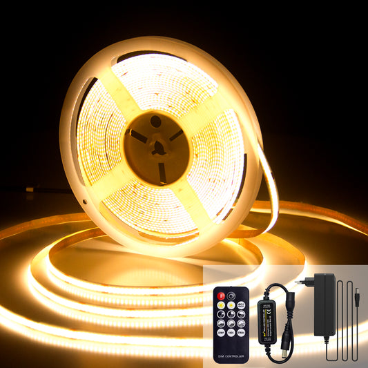 BERIXDEEP Ruban LED COB avec alimentation et télécommande, 320 leds/m, 24V, 8mm de large, IRC>92, Ruban LED dimmable pour la décoration de chambre