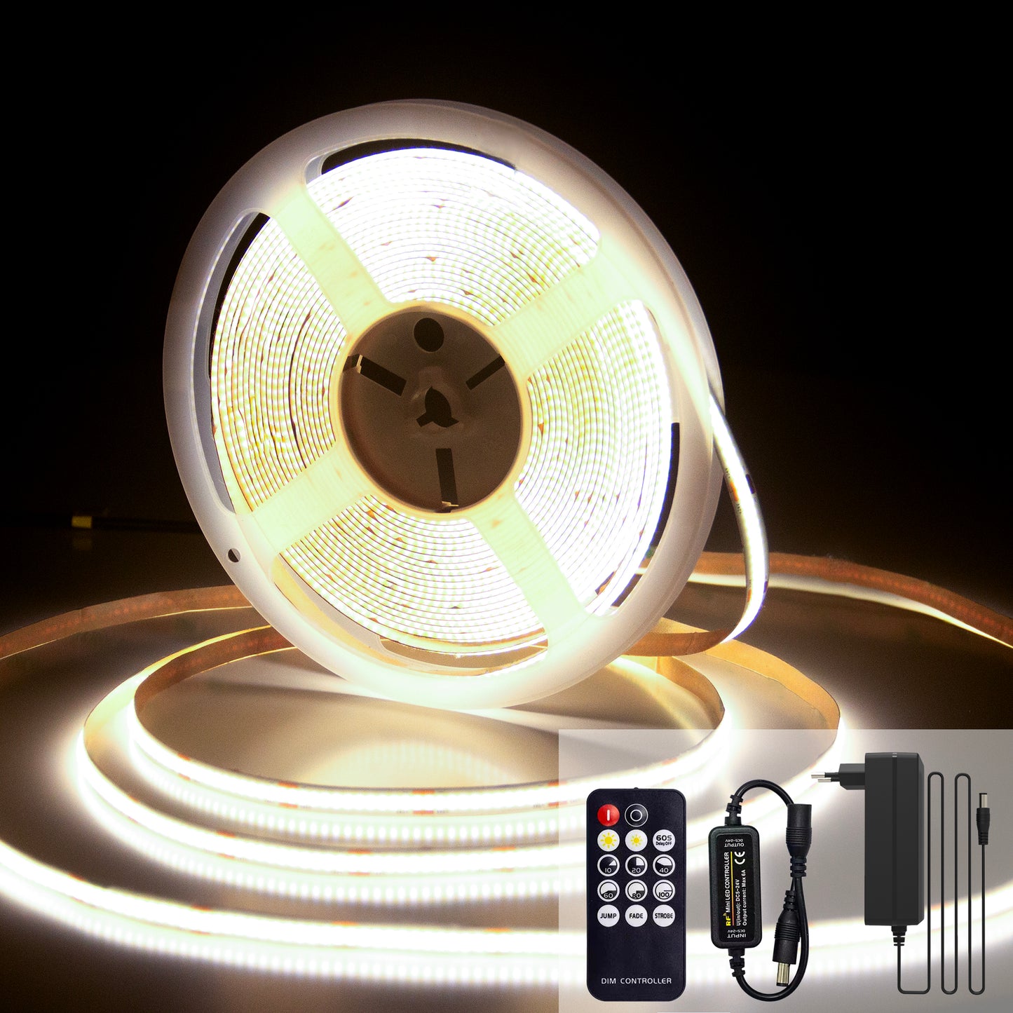 BERIXDEEP Ruban LED COB avec alimentation et télécommande, 320 leds/m, 24V, 8mm de large, IRC>92, Ruban LED dimmable pour la décoration de chambre
