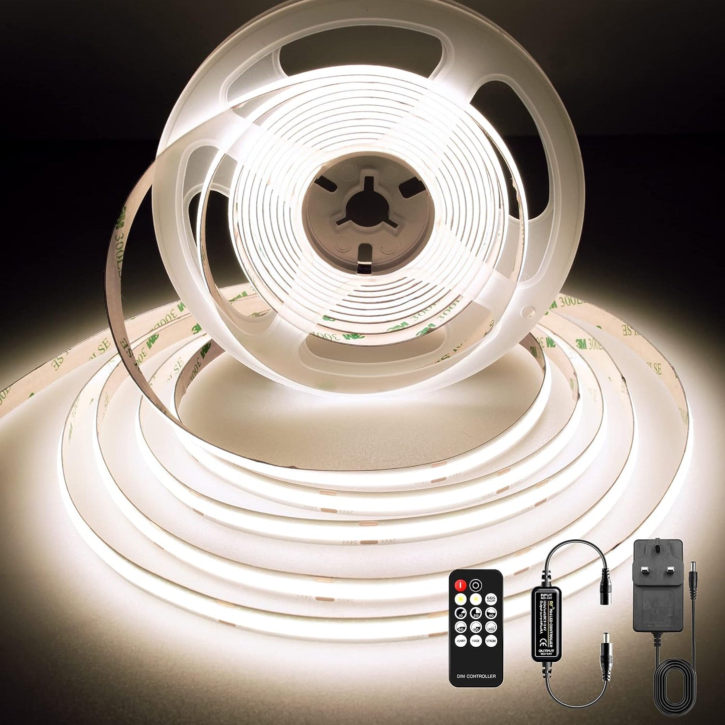 Ruban LED BERIXDEEP 5m COB avec alimentation et télécommande, 480 leds/m, 24V, 8mm de large, IRC>92, Ruban LED Dimmable pour la décoration de chambre