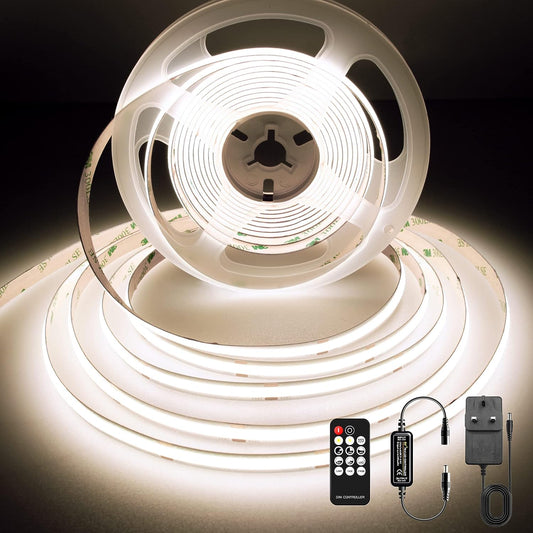 Ruban LED BERIXDEEP 5m COB avec alimentation et télécommande, 480 leds/m, 24V, 8mm de large, IRC>92, Ruban LED Dimmable pour la décoration de chambre