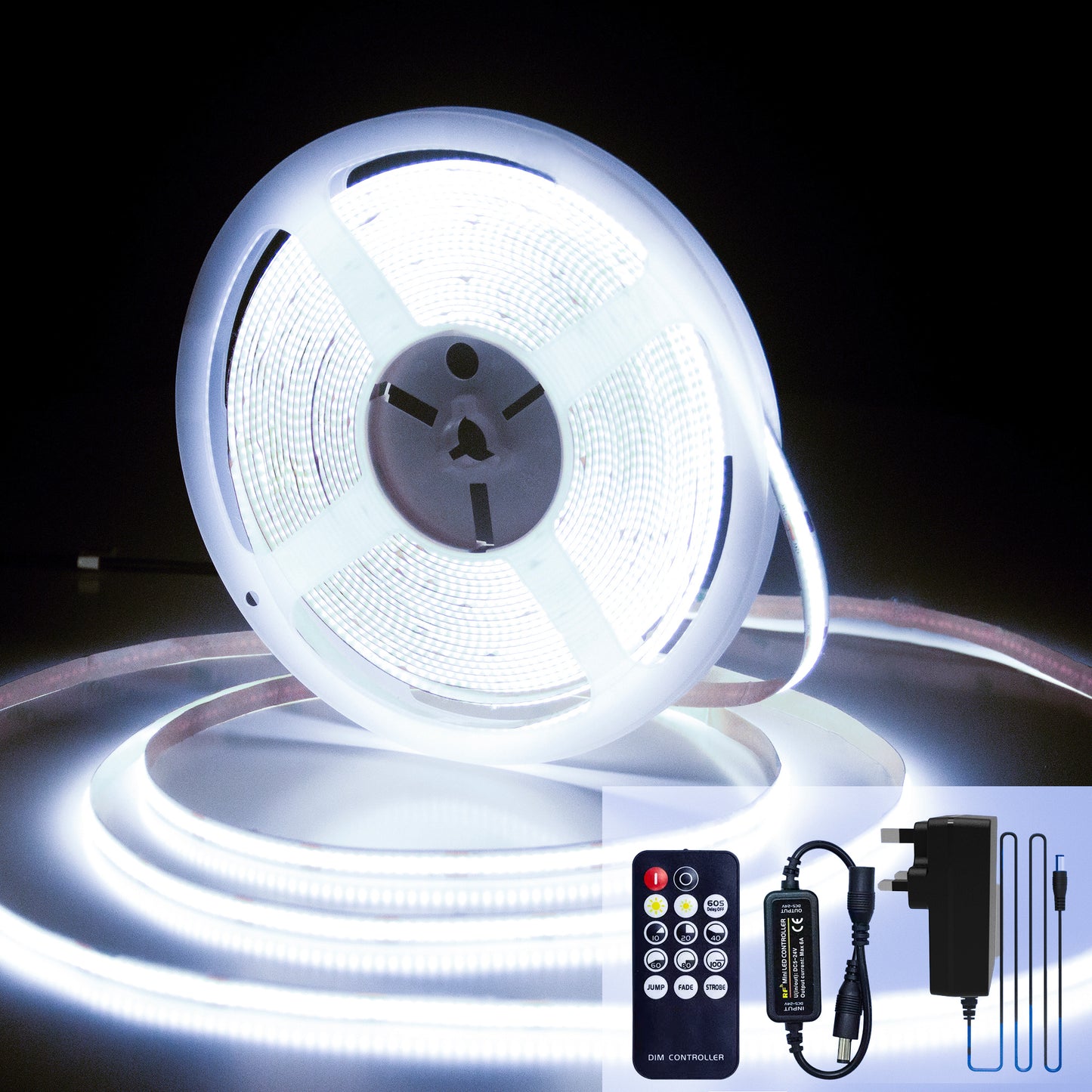 BERIXDEEP Ruban LED COB avec alimentation et télécommande, 320 leds/m, 24V, 8mm de large, IRC>92, Ruban LED dimmable pour la décoration de chambre