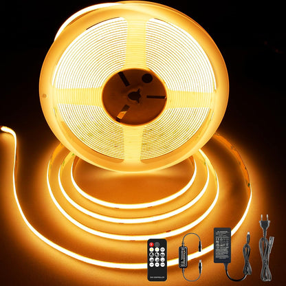 BERIXDEEP 10m COB LED-Streifen mit Netzteil und Fernbedienung, 384 LEDs/m, 24V, 8mm breit, CRI>92, Dimmbarer LED-Streifen für Raumdekoration