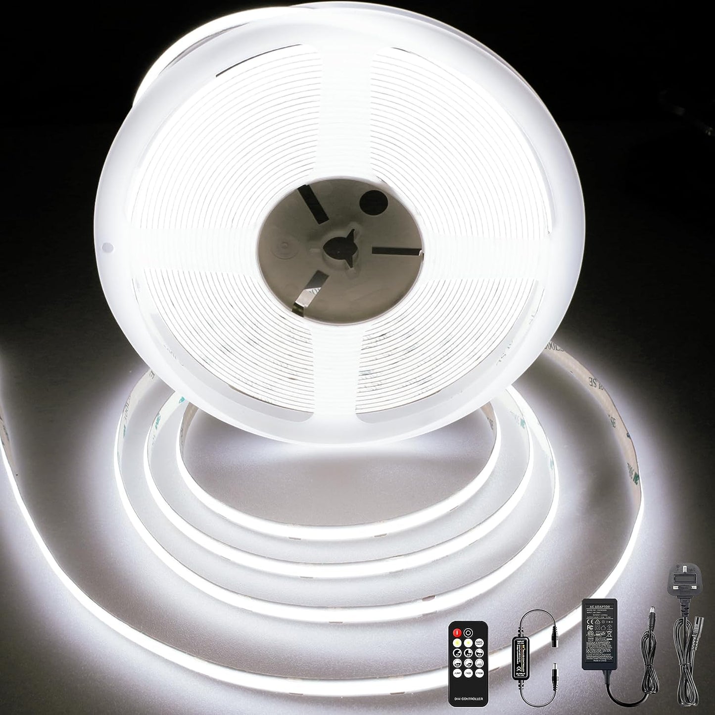 BERIXDEEP 10m COB LED-Streifen mit Netzteil und Fernbedienung, 384 LEDs/m, 24V, 8mm breit, CRI>92, Dimmbarer LED-Streifen für Raumdekoration