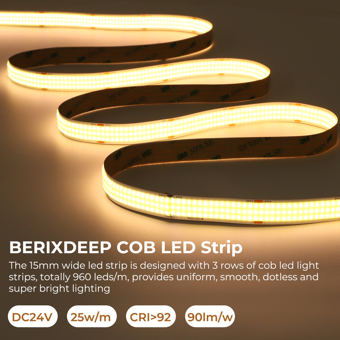 Spotless COB LED Strip Light, 24V 960 LEDs/m, CRI 92+ Seamless Uniform Tape (15mm Wide)
