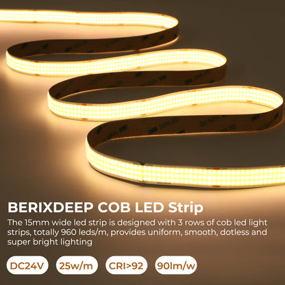 Spotless COB LED Strip Light, 24V 960 LEDs/m, CRI 92+ Seamless Uniform Tape (15mm Wide)