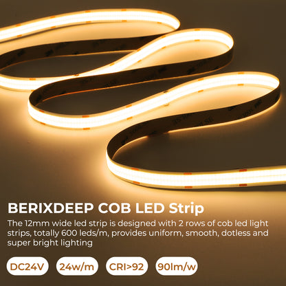 Bande LED COB 600 LEDs/m, 24V DC, 9W/m, IRC>92, 12mm de large pour la décoration intérieure