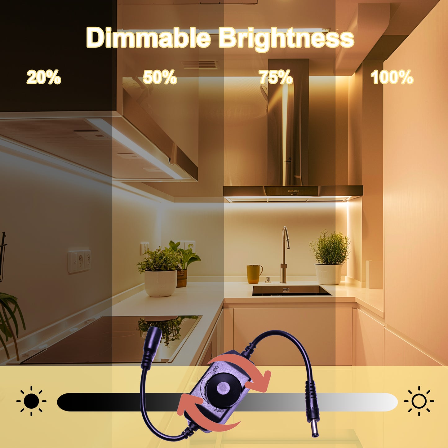 Knob Dimming Dotless COB LED Strip, 24V 320 LEDs/m High Brightness Seamless Lighting for Under Cabinet