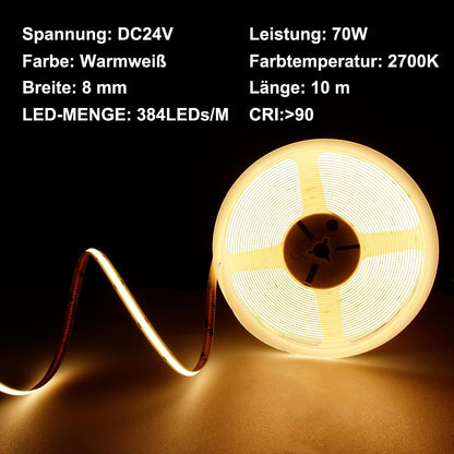 BERIXDEEP 10m COB LED-Streifen mit Netzteil und Fernbedienung, 384 LEDs/m, 24V, 8mm breit, CRI>92, Dimmbarer LED-Streifen für Raumdekoration