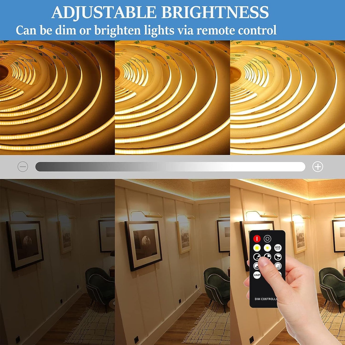 Ruban LED BERIXDEEP 5m COB avec alimentation et télécommande, 480 leds/m, 24V, 8mm de large, IRC>92, Ruban LED Dimmable pour la décoration de chambre