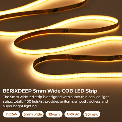 Bande LED COB avec 400 LED/m, 12V/24V DC, 9w/m, IRC>92, 5mm de large pour la décoration de chambres