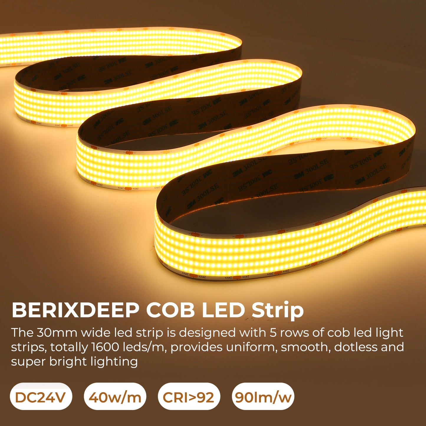 Ultra High Density COB LED Strip, 24V 1600 LEDs/m Spotless Seamless Linear Lighting (30mm Wide)