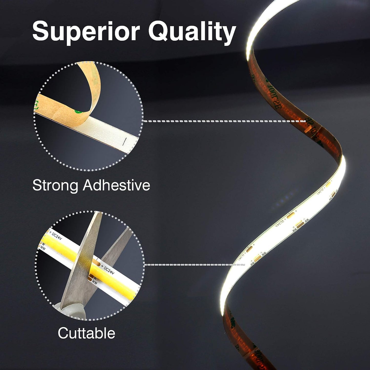 Dual Color Temperature COB LED Streifenlicht mit 10mm Breite, DC24V, 9W/m, CRI>92 für Raumdekoration