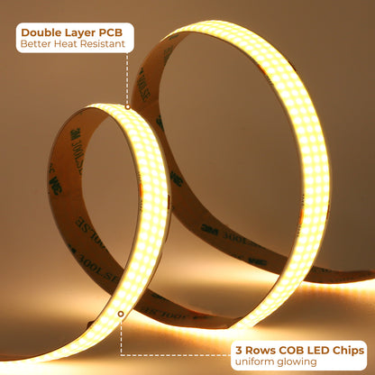 Spotless COB LED Strip Light, 24V 960 LEDs/m, CRI 92+ Seamless Uniform Tape (15mm Wide)