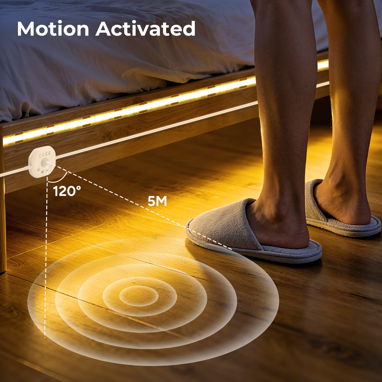 Motion Sensor Dotless COB LED Strip, 5V 320 LEDs/m High Brightness Seamless Lighting for Closet & Cabinet