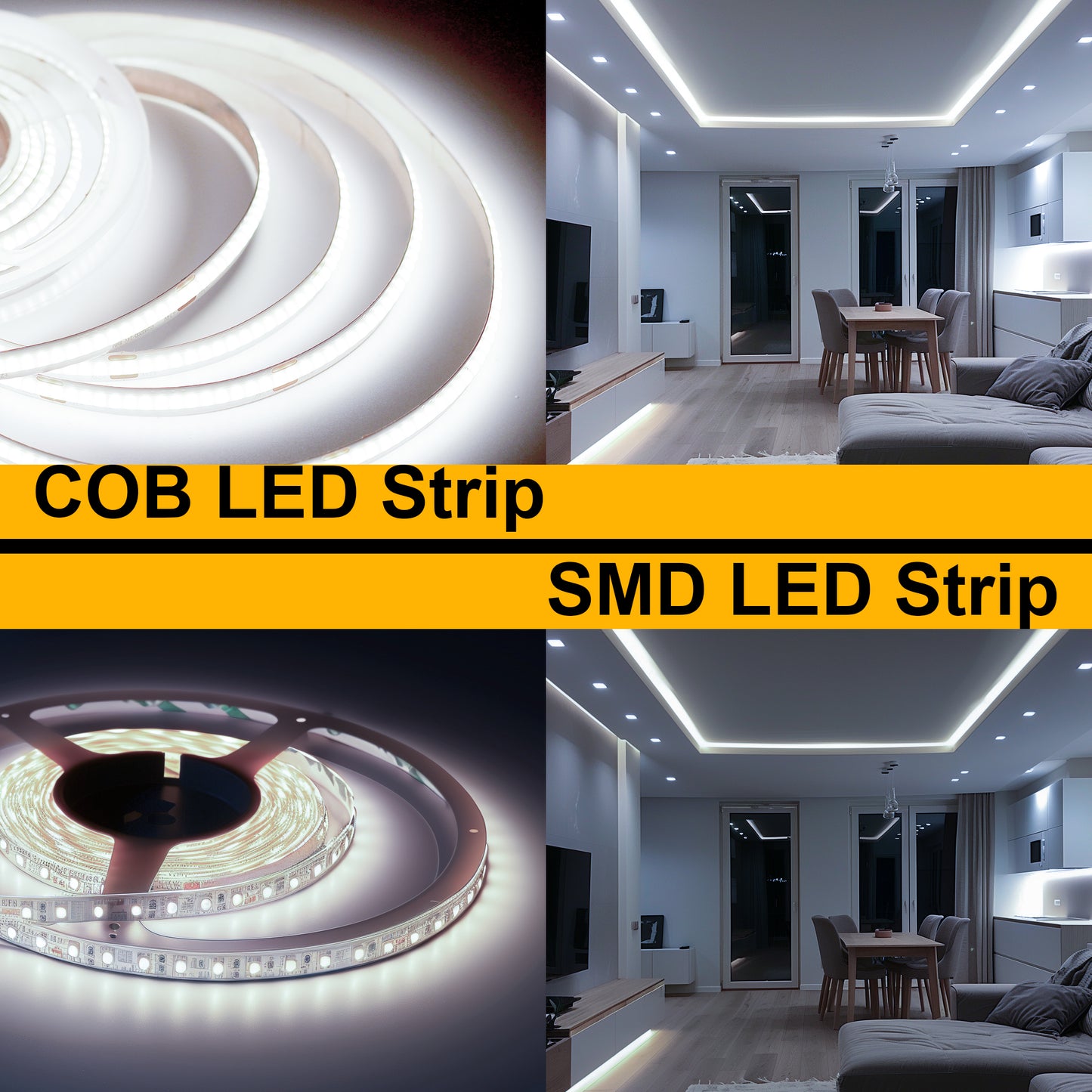 Knob Dimming Dotless COB LED Strip, 24V 320 LEDs/m High Brightness Seamless Lighting for Under Cabinet