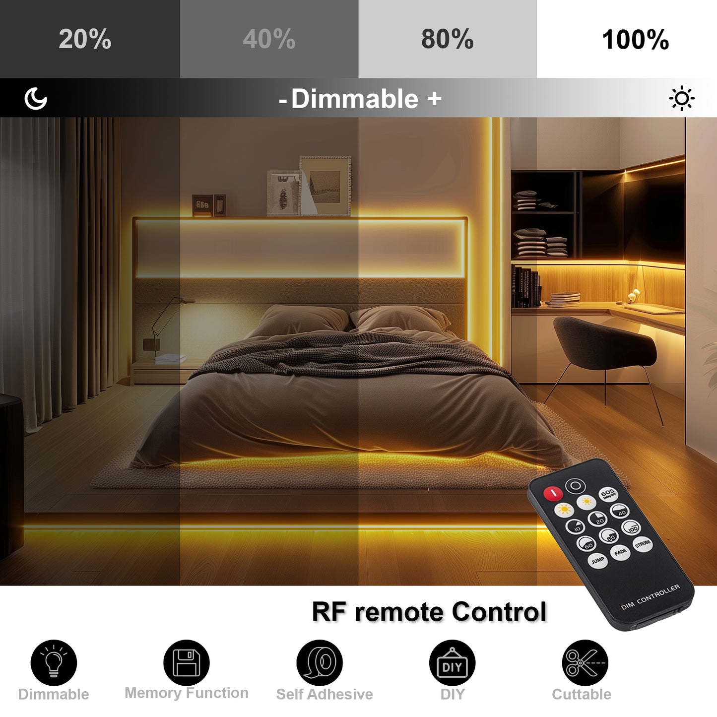 BERIXDEEP Ruban LED COB avec alimentation et télécommande, 320 leds/m, 24V, 8mm de large, IRC>92, Ruban LED dimmable pour la décoration de chambre