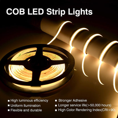 Dotless COB LED Strip Light, 24V 480 LEDs/m, CRI 92+ High Density Seamless Uniform Tape (8mm Wide)