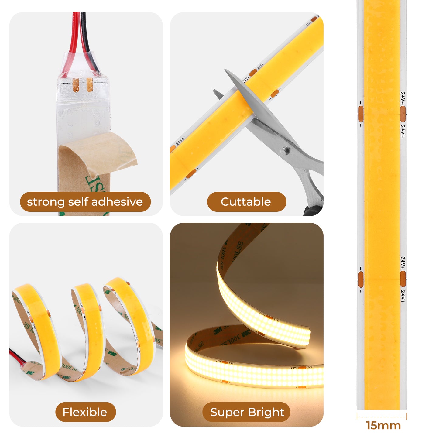 Spotless COB LED Strip Light, 24V 960 LEDs/m, CRI 92+ Seamless Uniform Tape (15mm Wide)