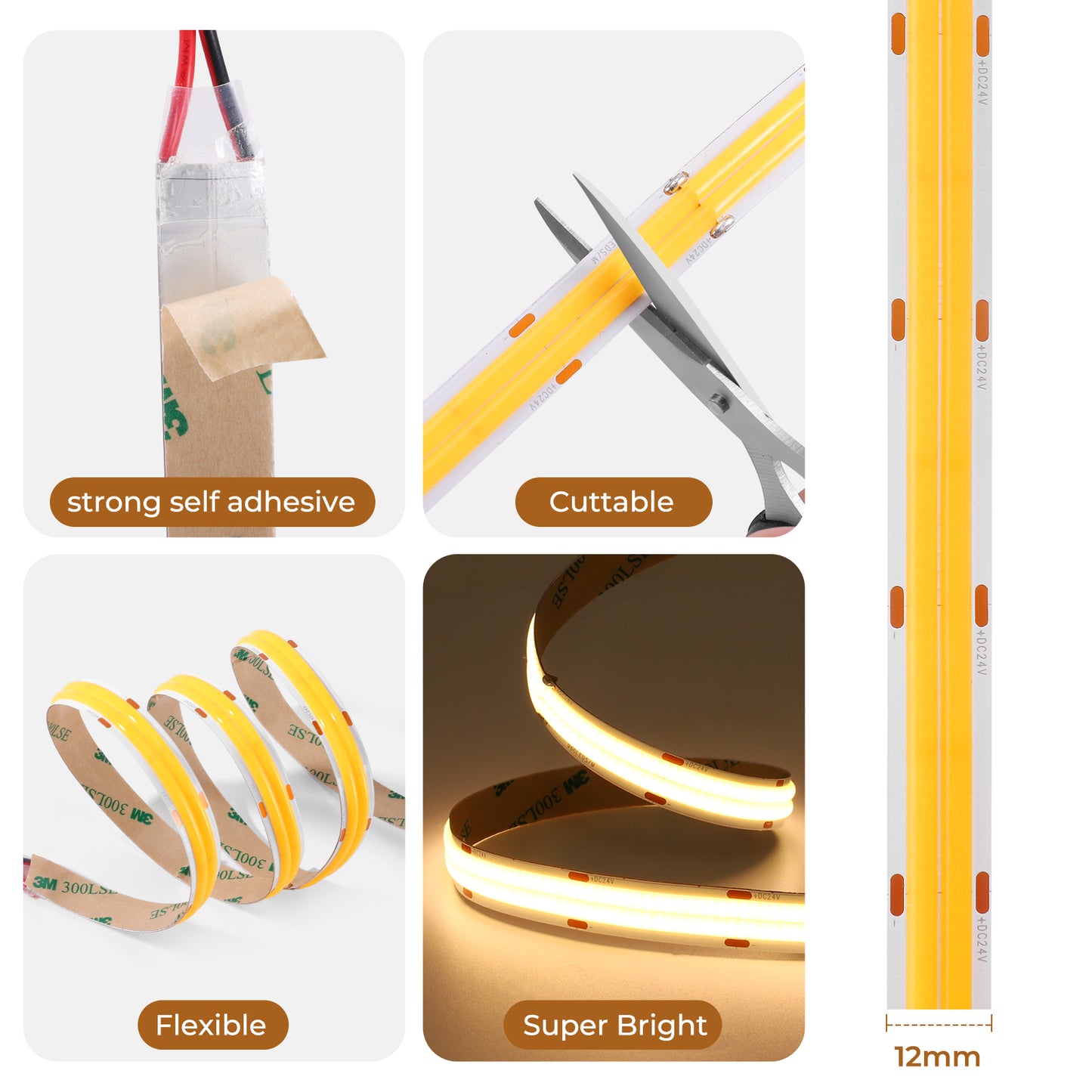 Bande LED COB 600 LEDs/m, 24V DC, 9W/m, IRC>92, 12mm de large pour la décoration intérieure