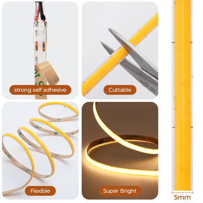 Bande LED COB avec 400 LED/m, 12V/24V DC, 9w/m, IRC>92, 5mm de large pour la décoration de chambres