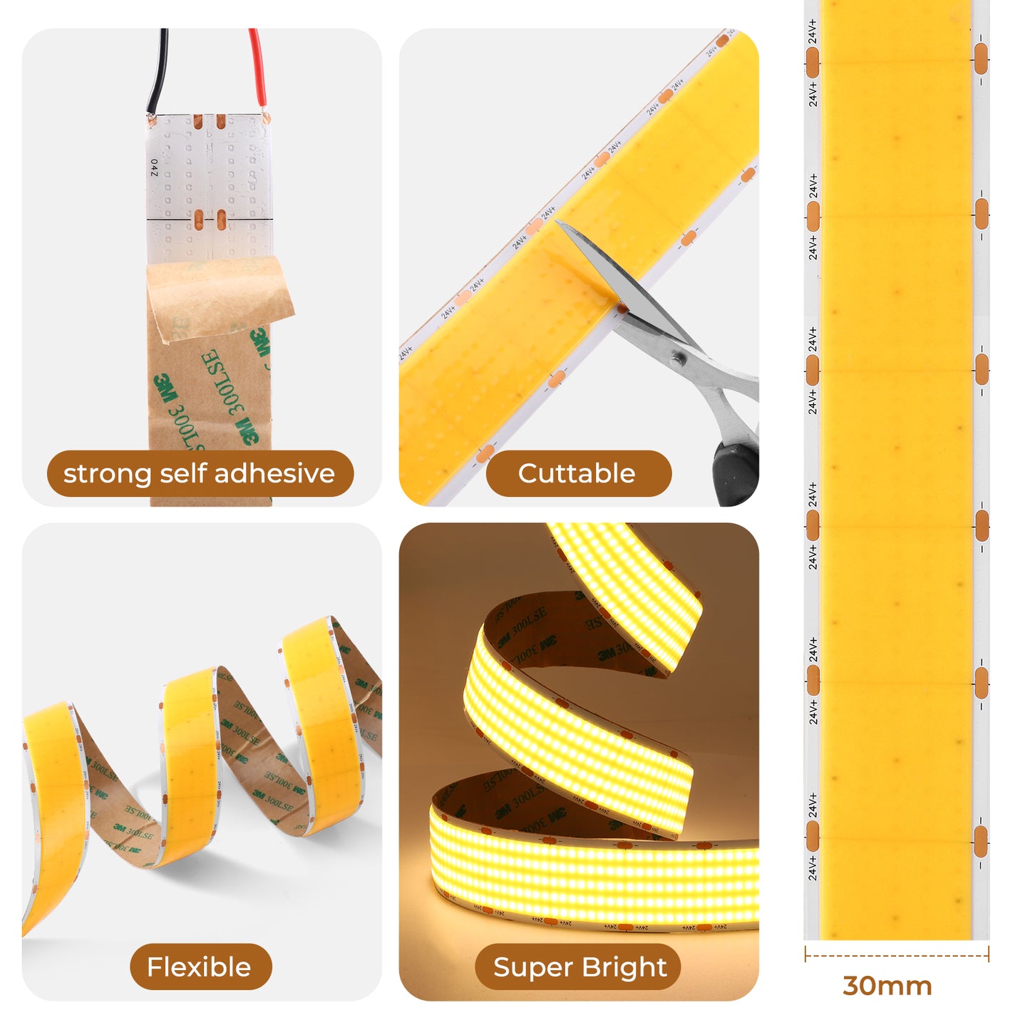 Ultra High Density COB LED Strip, 24V 1600 LEDs/m Spotless Seamless Linear Lighting (30mm Wide)