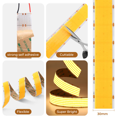 Ultra High Density COB LED Strip, 24V 1600 LEDs/m Spotless Seamless Linear Lighting (30mm Wide)
