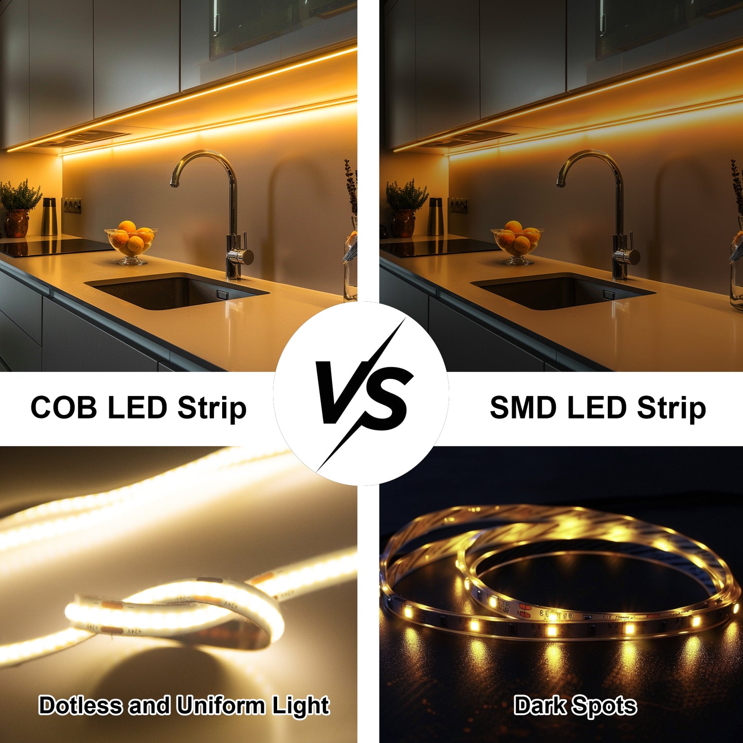 BERIXDEEP Ruban LED COB avec alimentation et télécommande, 320 leds/m, 24V, 8mm de large, IRC>92, Ruban LED dimmable pour la décoration de chambre
