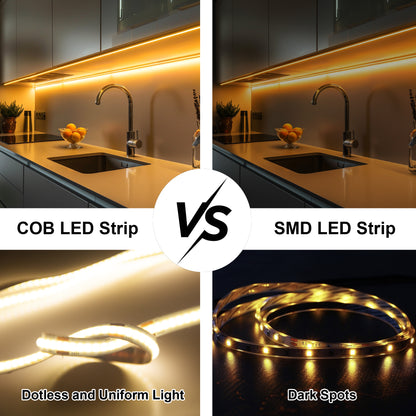 BERIXDEEP Ruban LED COB avec alimentation et télécommande, 320 leds/m, 24V, 8mm de large, IRC>92, Ruban LED dimmable pour la décoration de chambre