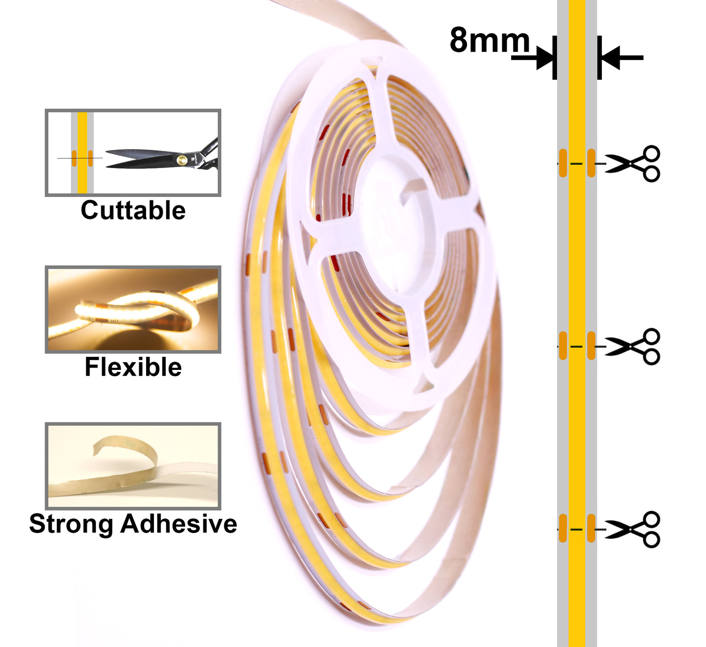 Knob Dimming Dotless COB LED Strip, 24V 320 LEDs/m High Brightness Seamless Lighting for Under Cabinet